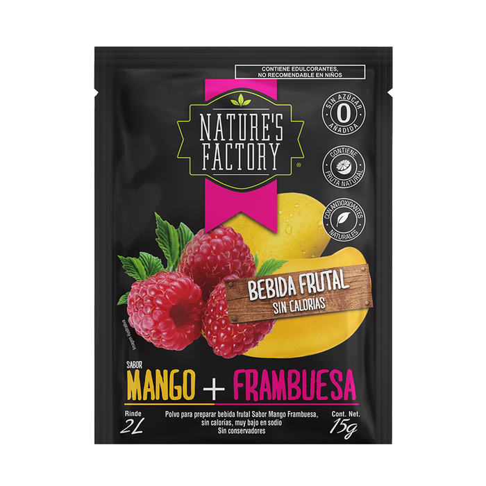 Nature’s Factory • Bebida Frutal en Polvo Sabor Mango + Frambuesa Sin Calorías / 10 pzas.