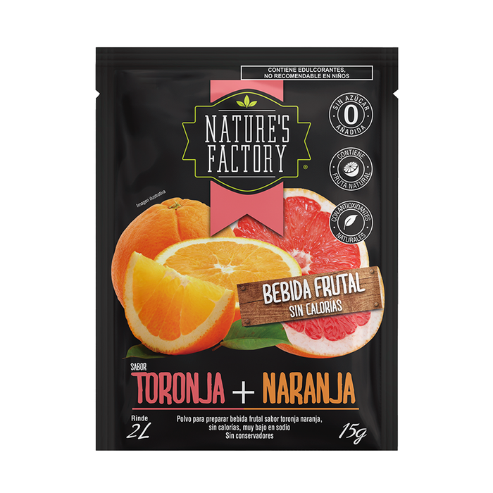 Nature’s Factory • Bebida Frutal en Polvo Sabor Toronja + Naranja Sin Calorías / 10 pzas.