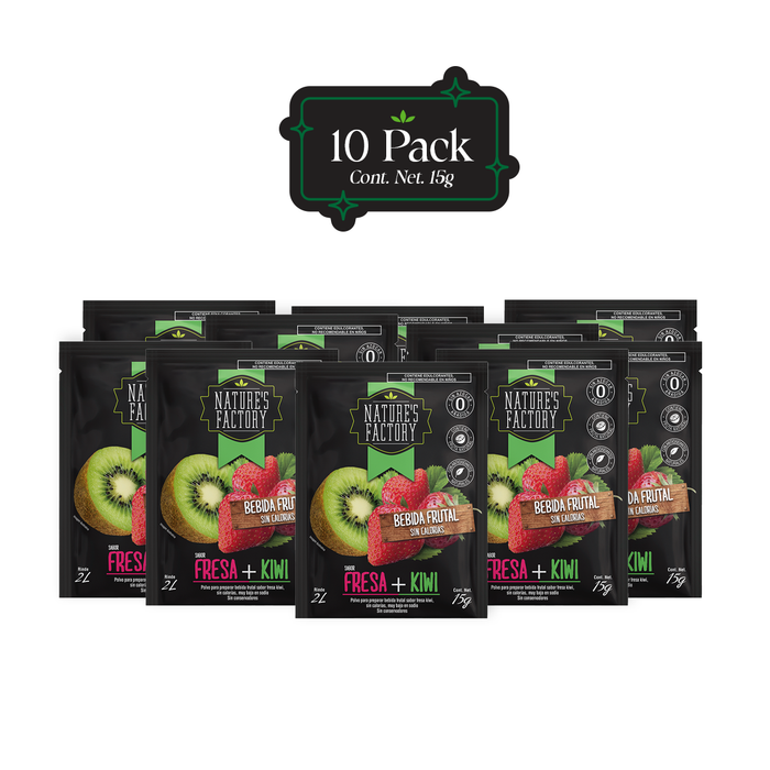 Nature’s Factory • Bebida Frutal en Polvo Sabor Fresa + Kiwi Sin Calorías / 10 pzas.