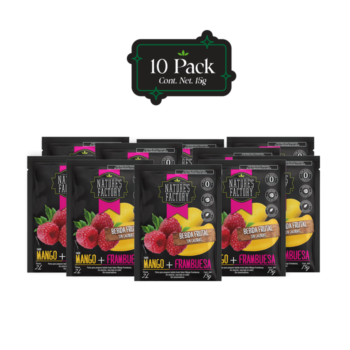 Nature’s Factory • Bebida Frutal en Polvo Sabor Mango + Frambuesa Sin Calorías / 10 pzas.