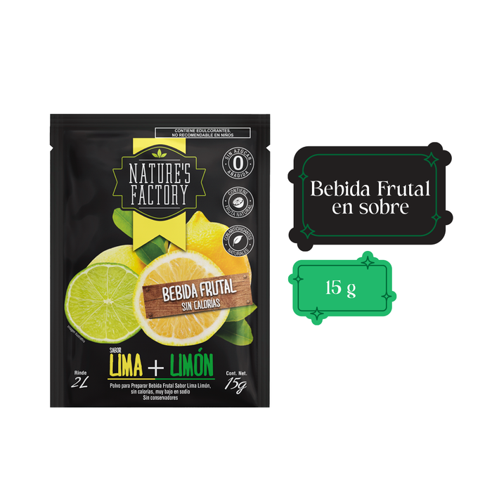 Nature’s Factory • Bebida Frutal en Polvo Sabor Lima + Limón Sin Calorías / 10 pzas.