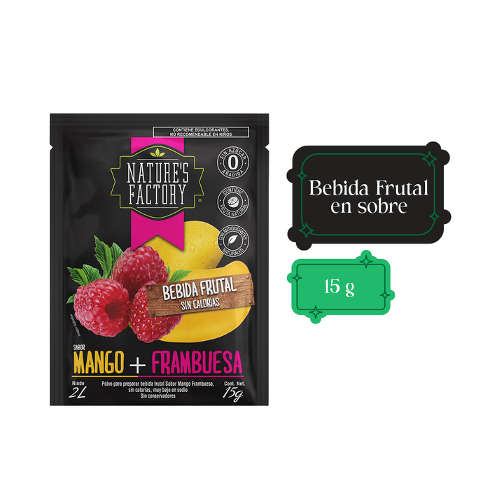 Nature’s Factory • Bebida Frutal en Polvo Sabor Mango + Frambuesa Sin Calorías / 10 pzas.