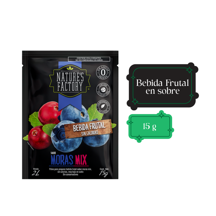 Nature’s Factory • Bebida Frutal en Polvo Sabor Moras Mix Sin Calorías / 10 pzas.