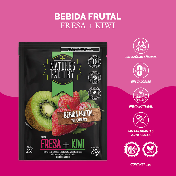 Nature’s Factory • Bebida Frutal en Polvo Sabor Fresa + Kiwi Sin Calorías / 10 pzas.