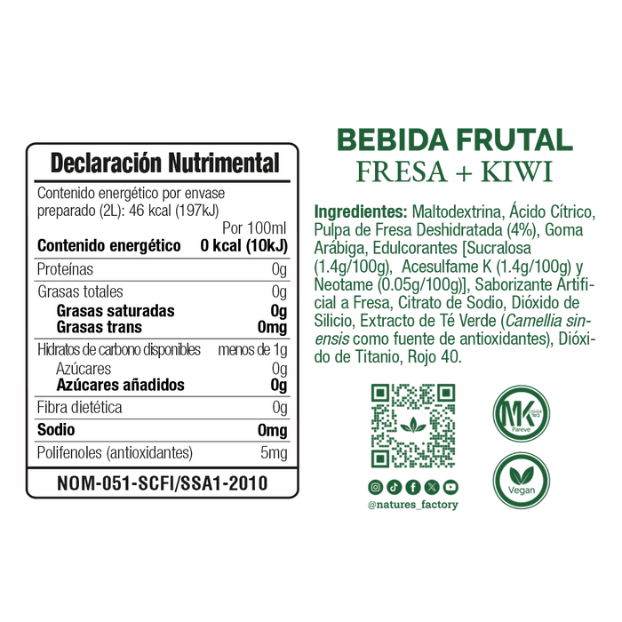 Nature’s Factory • Bebida Frutal en Polvo Sabor Fresa + Kiwi Sin Calorías / 10 pzas.