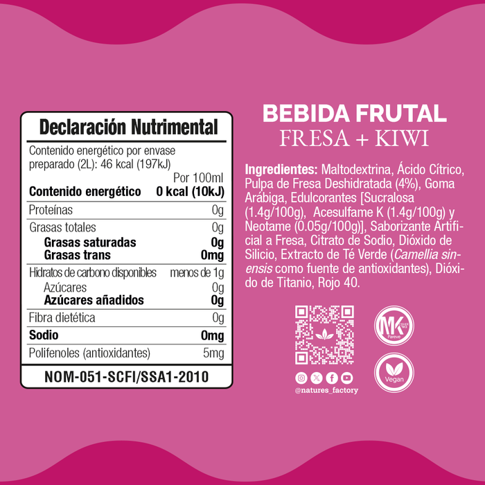 Nature’s Factory • Bebida Frutal en Polvo Sabor Fresa + Kiwi Sin Calorías / 10 pzas.