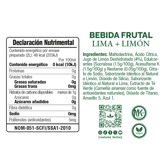 Nature’s Factory • Bebida Frutal en Polvo Sabor Lima + Limón Sin Calorías / 10 pzas.