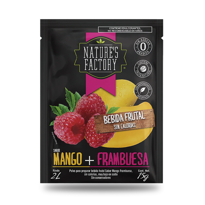 Nature’s Factory • Bebida Frutal en Polvo Sabor Mango + Frambuesa Sin Calorías / 10 pzas.