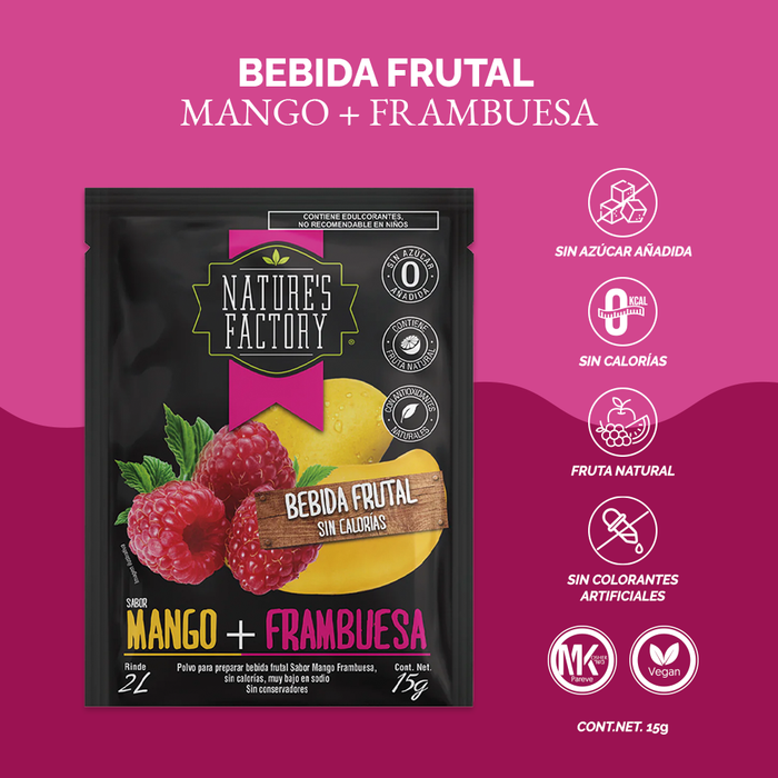 Nature’s Factory • Bebida Frutal en Polvo Sabor Mango + Frambuesa Sin Calorías / 10 pzas.