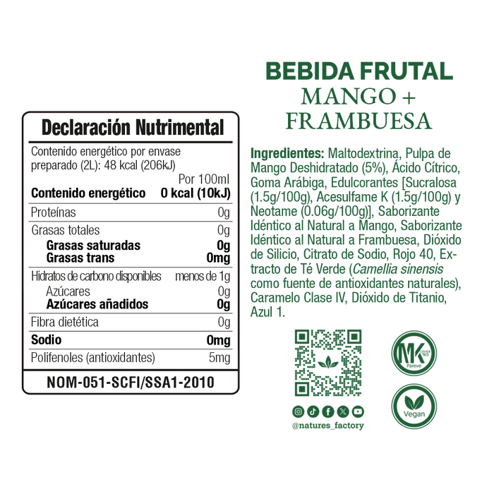 Nature’s Factory • Bebida Frutal en Polvo Sabor Mango + Frambuesa Sin Calorías / 10 pzas.
