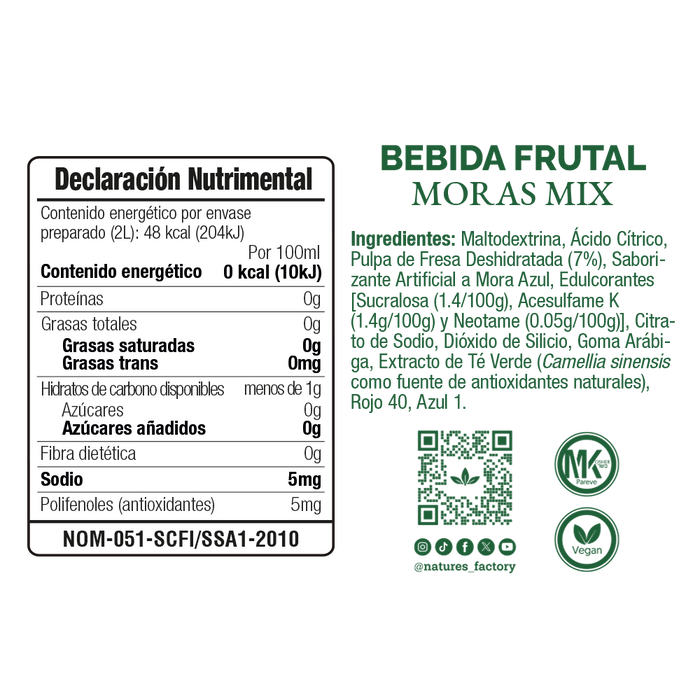 Nature’s Factory • Bebida Frutal en Polvo Sabor Moras Mix Sin Calorías / 10 pzas.