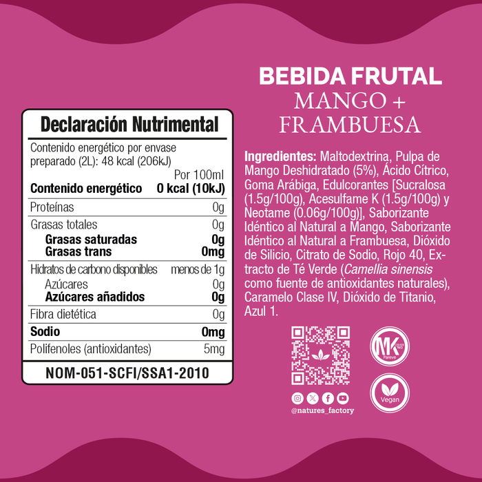 Nature’s Factory • Bebida Frutal en Polvo Sabor Mango + Frambuesa Sin Calorías / 10 pzas.