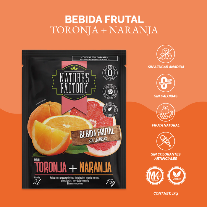 Nature’s Factory • Bebida Frutal en Polvo Sabor Toronja + Naranja Sin Calorías / 10 pzas.
