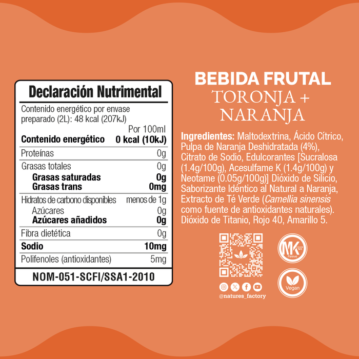 Nature’s Factory • Bebida Frutal en Polvo Sabor Toronja + Naranja Sin Calorías / 10 pzas.