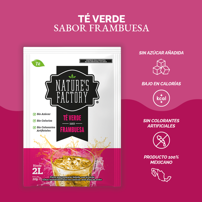 Nature’s Factory • Té Verde en Polvo Sabor Frambuesa bajo en Calorías / 10 pzas.