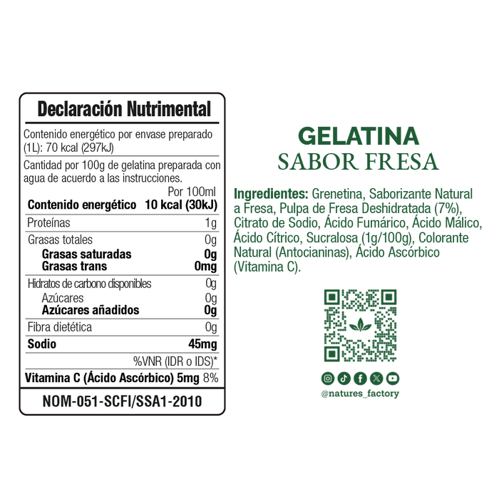 Nature’s Factory • Gelatina en Polvo sabor Fresa / Pack de 10 pzas
