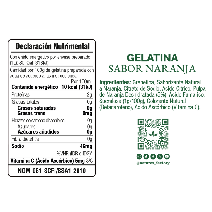 Nature’s Factory • Gelatina en Polvo sabor Naranja / Pack de 10 pzas