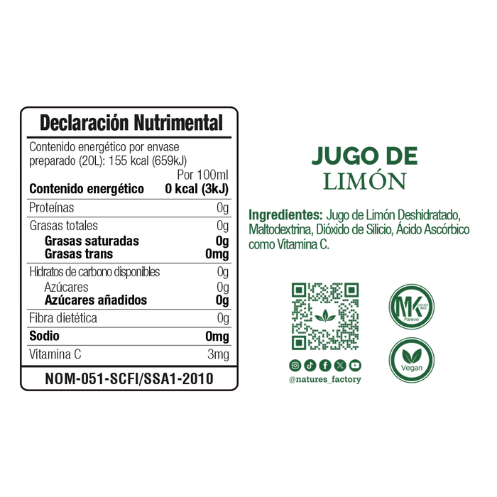 Jugo de Limón Deshidratado 100% Natural / caja con 10 sobres.