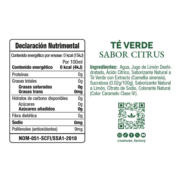Nature’s Factory • Té Verde Sabor Citrus Sin Azúcar en Lata | 12 piezas