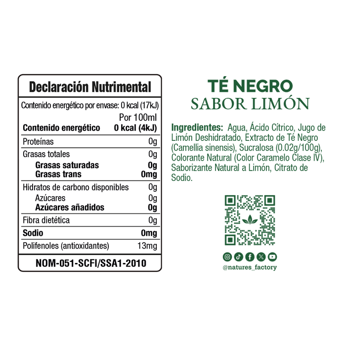 Nature’s Factory • Té Negro Sabor Limón Sin Azúcar en Lata | 12 piezas