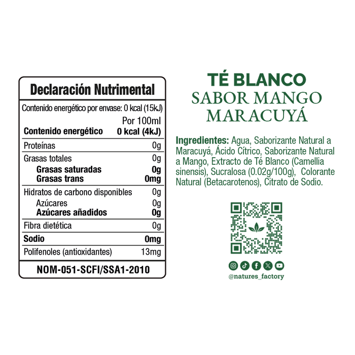 Nature’s Factory • Té Blanco Sabor Mango Maracuyá Sin Azúcar en Lata | 12 piezas