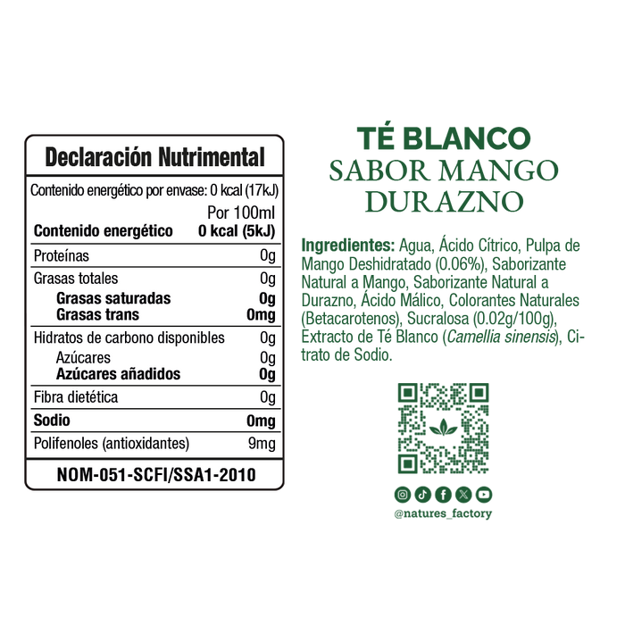 Nature’s Factory • Té Blanco Sabor Mango Durazno Sin Azúcar | 12 piezas