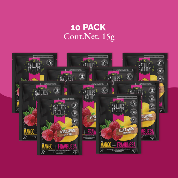 Nature’s Factory • Bebida Frutal en Polvo Sabor Mango + Frambuesa Sin Calorías / 10 pzas.