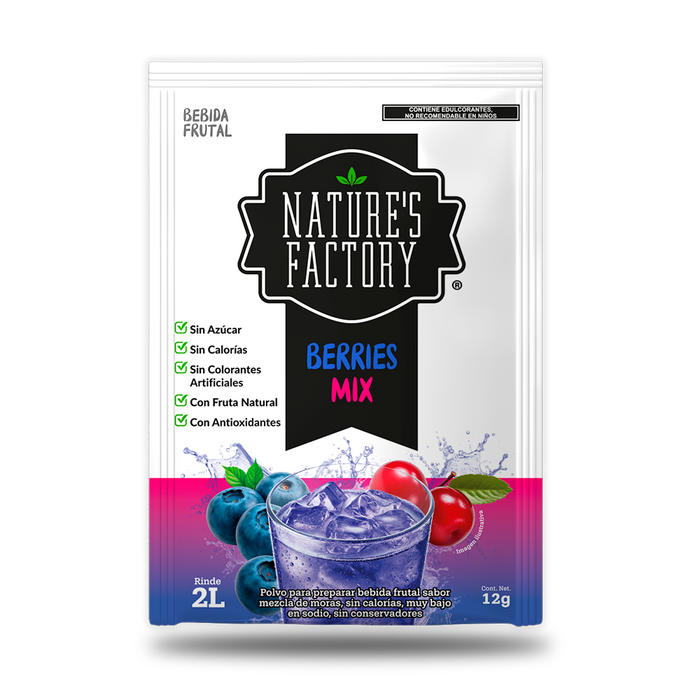 Nature’s Factory • Bebida Frutal en Polvo Sabor Berries Mix Sin Calorías / 10 pzas.