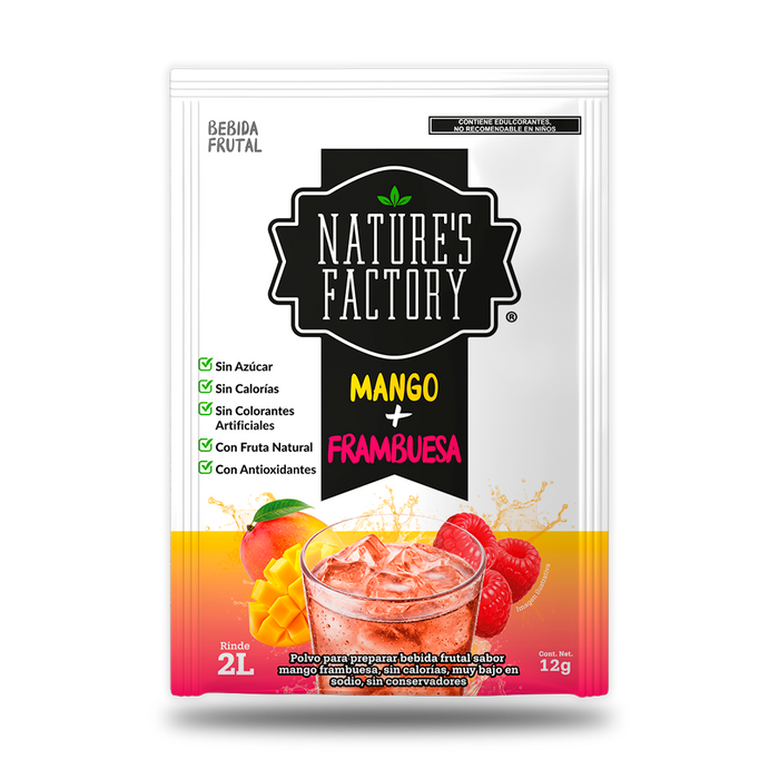 Nature’s Factory • Bebida Frutal en Polvo Sabor Mango + Frambuesa Sin Calorías / 10 pzas.