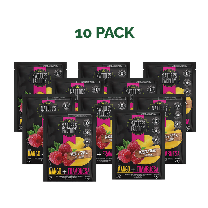 Nature’s Factory • Bebida Frutal en Polvo Sabor Mango + Frambuesa Sin Calorías / 10 pzas.