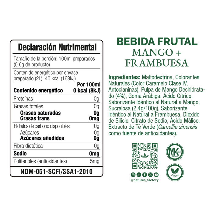 Nature’s Factory • Bebida Frutal en Polvo Sabor Mango + Frambuesa Sin Calorías / 10 pzas.