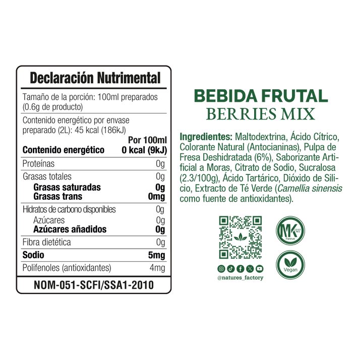 Nature’s Factory • Bebida Frutal en Polvo Sabor Berries Mix Sin Calorías / 10 pzas.
