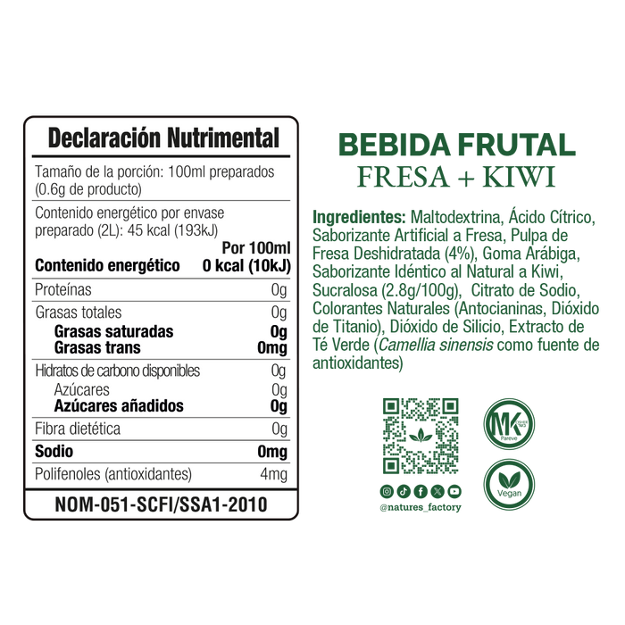 Nature’s Factory • Bebida Frutal en Polvo Sabor Fresa + Kiwi Sin Calorías / 10 pzas.