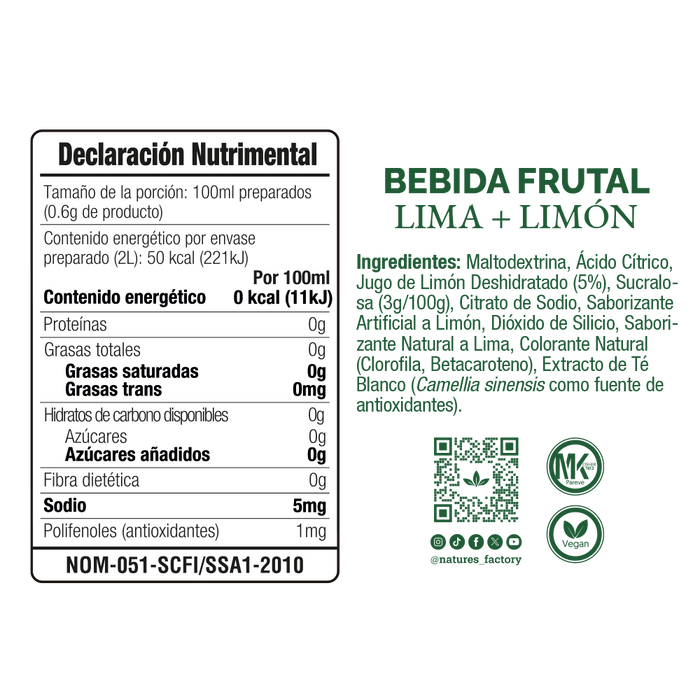 Nature’s Factory • Bebida Frutal en Polvo Sabor Lima + Limón Sin Calorías / 10 pzas.