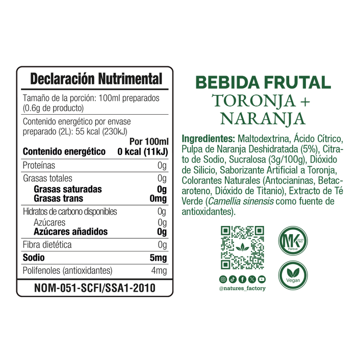 Nature’s Factory • Bebida Frutal en Polvo Sabor Toronja + Naranja Sin Calorías / 10 pzas.