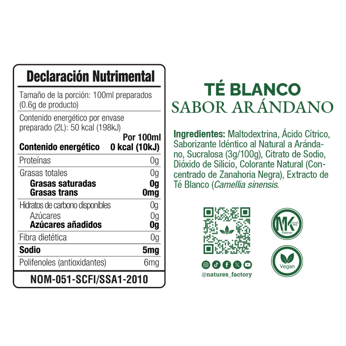 Nature’s Factory • Té Blanco en Polvo Sabor Arándano bajo en Calorías / 10 pzas.