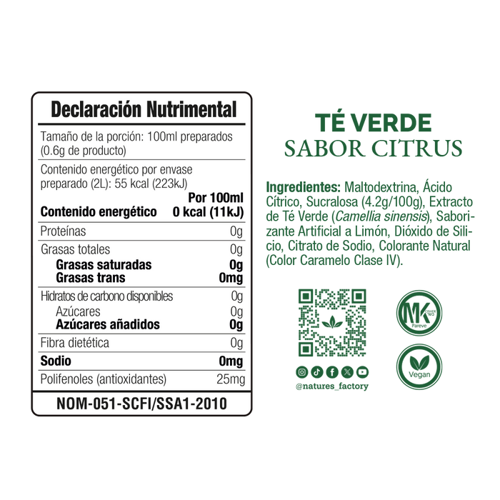 Nature’s Factory • Té Verde en Polvo Sabor Citrus bajo en Calorías / 10 pzas.