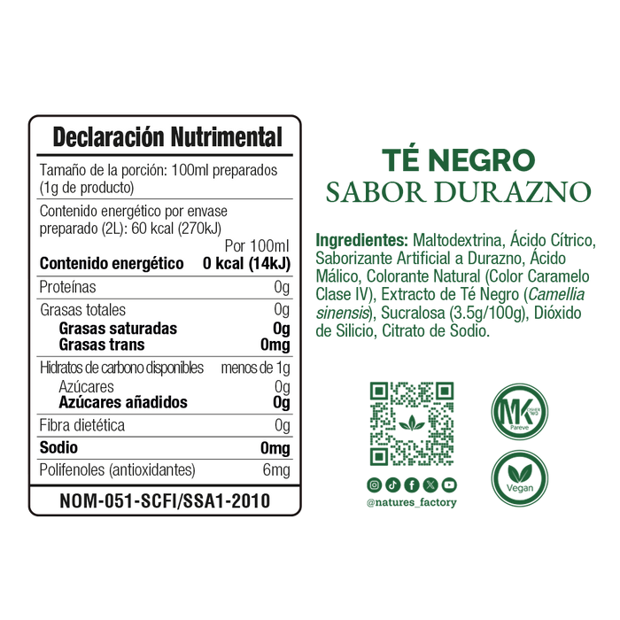 Nature’s Factory • Té Negro en Polvo Sabor Durazno bajo en Calorías / 10 pzas.