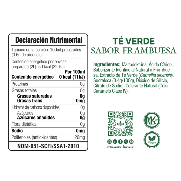 Nature’s Factory • Té Verde en Polvo Sabor Frambuesa bajo en Calorías / 10 pzas.