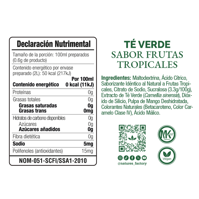 Nature’s Factory • Té Verde en Polvo Sabor Frutas Tropicales bajo en Calorías / 10 pzas.