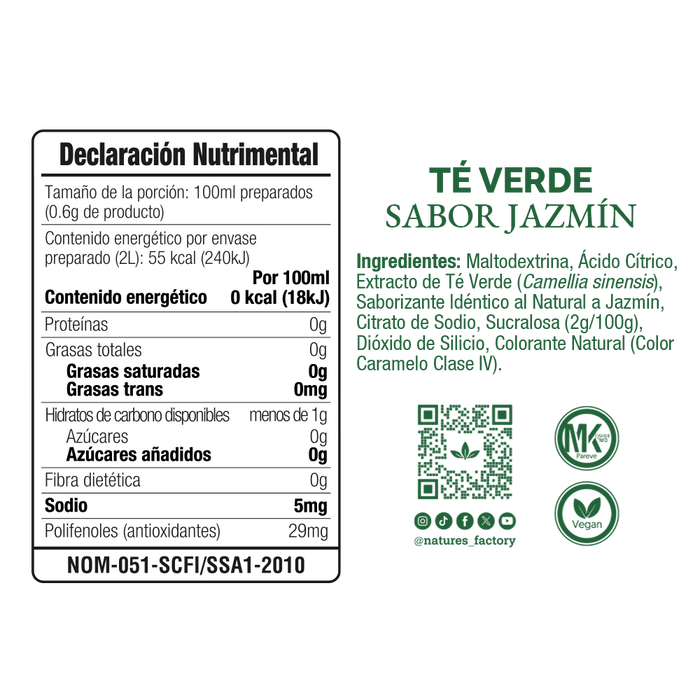 Nature’s Factory • Té Verde en Polvo Sabor Jazmín bajo en Calorías / 10 pzas.