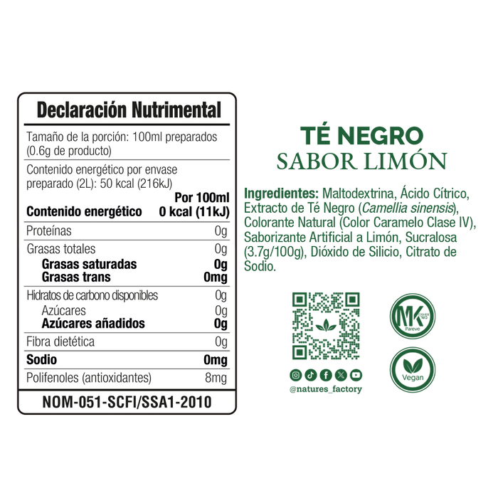 Nature’s Factory • Té Negro en Polvo Sabor Limón bajo en Calorías / 10 pzas.