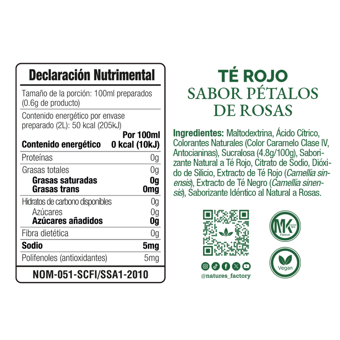 Nature’s Factory • Té Rojo en Polvo Sabor Pétalos de Rosa bajo en Calorías / 10 pzas.