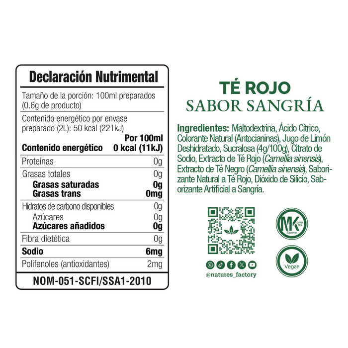 Nature’s Factory • Té Rojo en Polvo Sabor Sangría bajo en Calorías / 10 pzas.