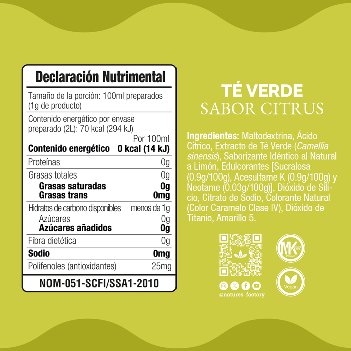 Nature’s Factory • Té Verde en Polvo Sabor Citrus bajo en Calorías / 10 pzas.