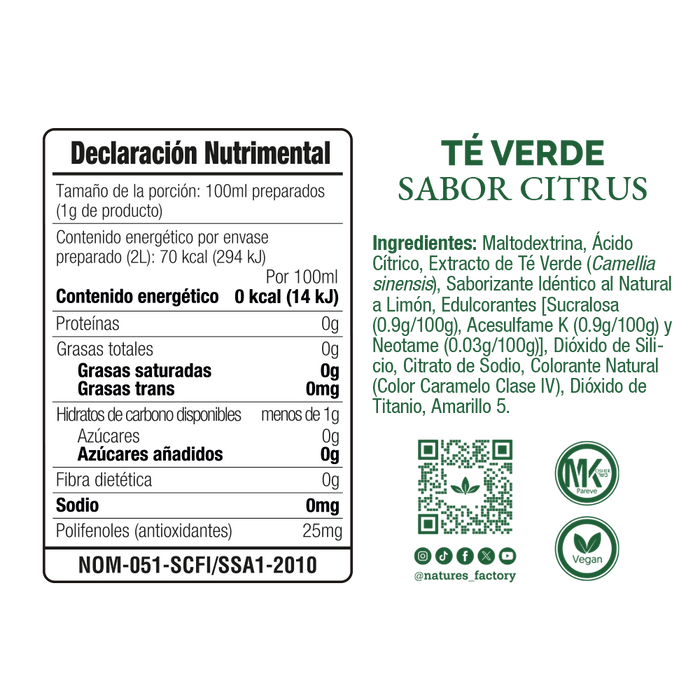 Nature’s Factory • Té Verde en Polvo Sabor Citrus bajo en Calorías / 10 pzas.