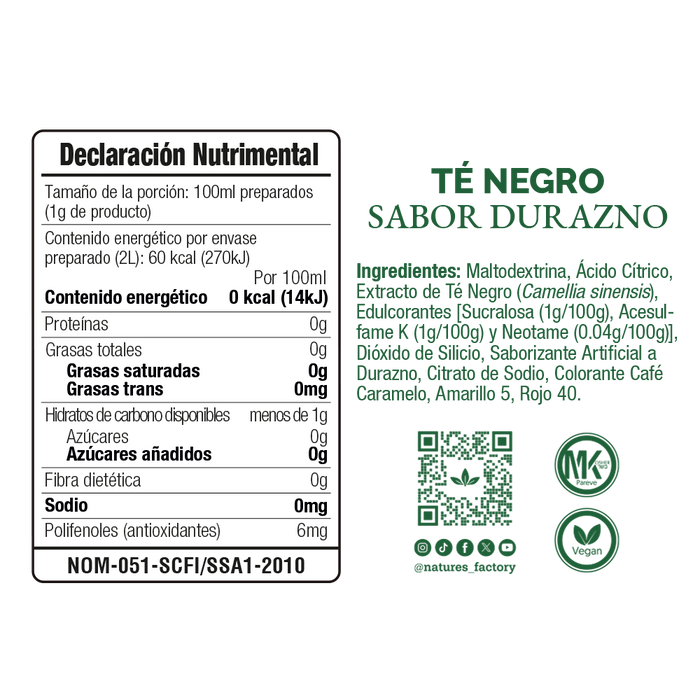 Nature’s Factory • Té Negro en Polvo Sabor Durazno bajo en Calorías / 10 pzas.