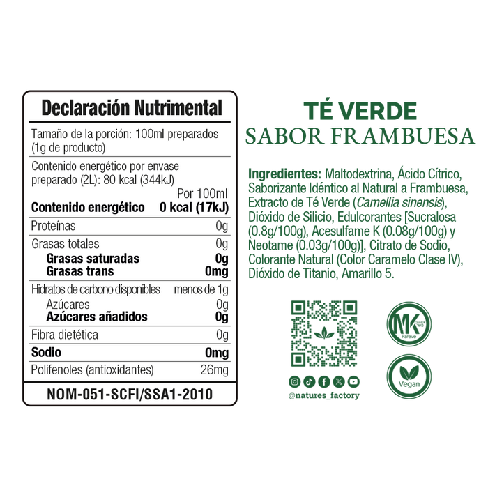 Nature’s Factory • Té Verde en Polvo Sabor Frambuesa bajo en Calorías / 10 pzas.
