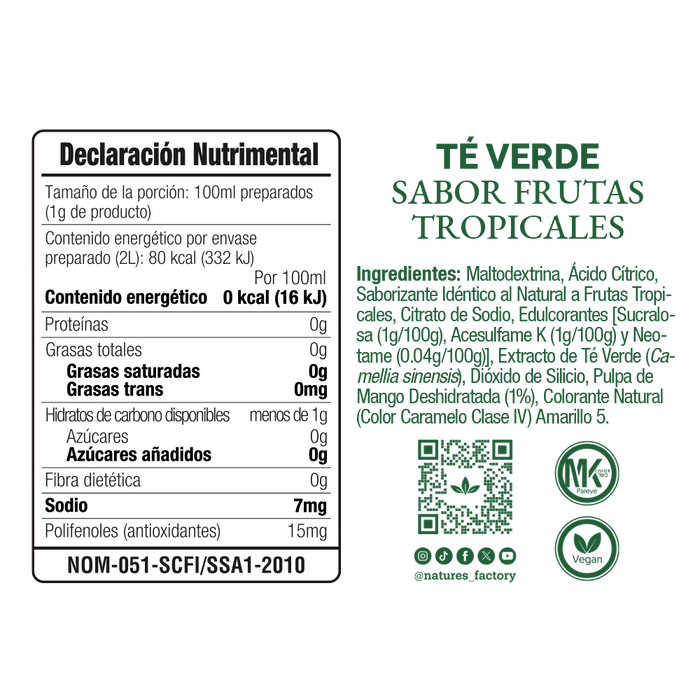 Nature’s Factory • Té Verde en Polvo Sabor Frutas Tropicales bajo en Calorías / 10 pzas.