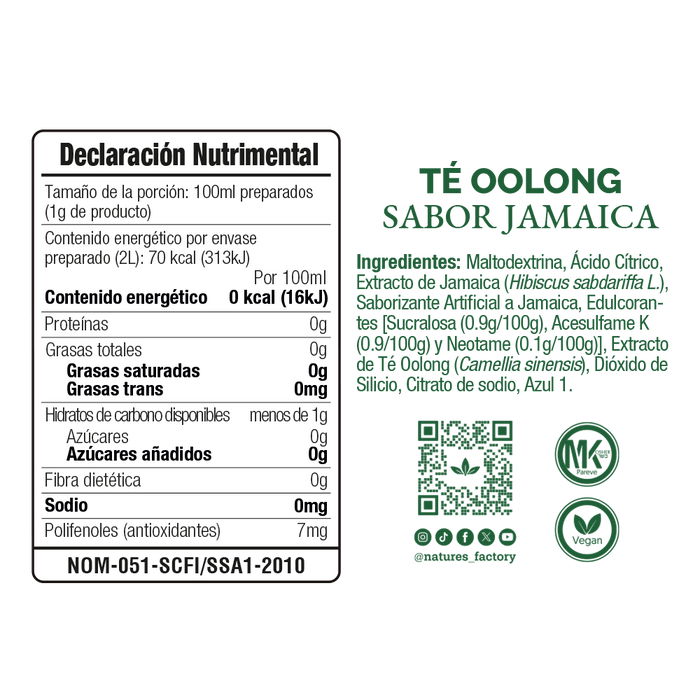 Nature’s Factory • Té Oolong en Polvo Sabor Jamaica bajo en Calorías / 10 pzas.